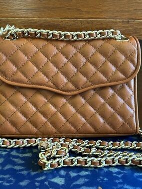 Rebecca Minkoff Quilted Mini Affair Bag in Cognac Brown with Gold Chain